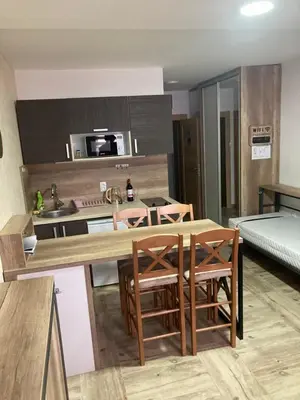 a kitchen and dining room with a table and chairs at BELE STAZE 18 - BRZEĆE KOPAONIK in Brzeće