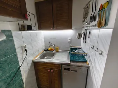 a small kitchen with a sink and a dishwasher at Bele Staze 84, Ski tavanče, Brzeće in Brzeće