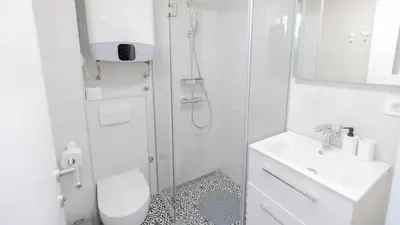 a bathroom with a shower and a toilet and a sink at Apartment miTski Kop in Kopaonik