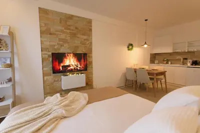 a bedroom with a fireplace in the wall at Mountain Side Kopaonik in Kopaonik