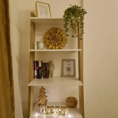 a shelf with a christmas tree and a clock at Mountain Side Kopaonik in Kopaonik