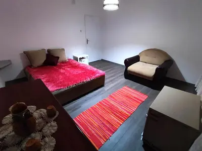 a living room with a bed and a couch at Panonka apartman in Leskovac