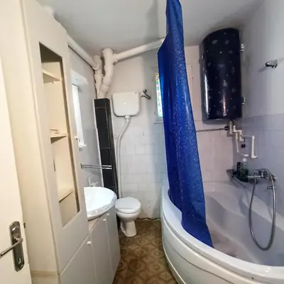 a bathroom with a shower and a toilet and a tub at Panonka apartman in Leskovac