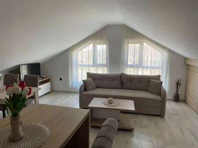 a living room with a couch and a table at Vuk apartment - Milmari Resort & Spa in Kopaonik