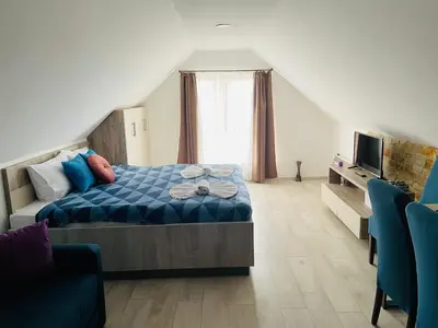 a bedroom with a bed and a couch and a television at Vuk apartment - Milmari Resort & Spa in Kopaonik