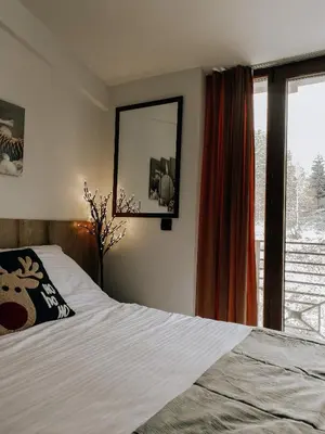 a bedroom with a bed and a large window at Zlatokosina zona Kopaonik Milmari NLux in Kopaonik