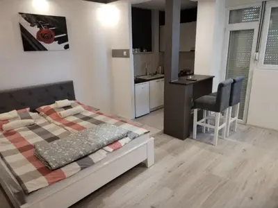 a bedroom with a bed and a desk and a kitchen at VIN Studio in Kruševac