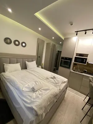 a bedroom with a large white bed and a kitchen at Apartmani Srna Milmari in Kopaonik
