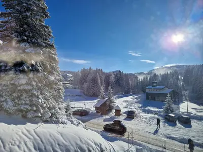 a snow covered slope with a building and a tree at E&M Platinum in Kopaonik