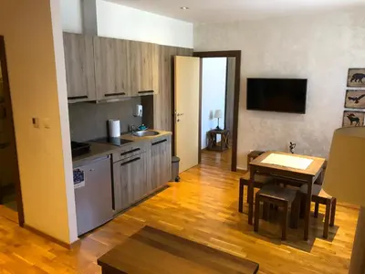 a kitchen and dining room with a table and a dining room at Kolakovic in Brzeće