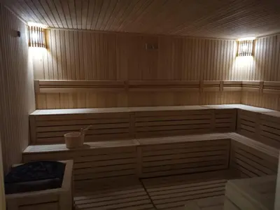 a sauna with two benches and two lights in it at FIONA Kopaonik in Kopaonik