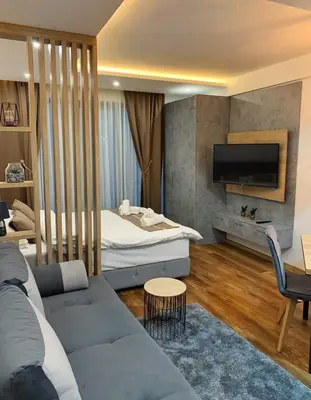 a hotel room with a couch and a bed at FIONA Kopaonik in Kopaonik