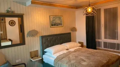 a bedroom with a bed and a mirror at Jankov konak in Kopaonik