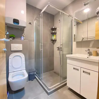 a bathroom with a shower and a toilet and a sink at Jankov konak in Kopaonik
