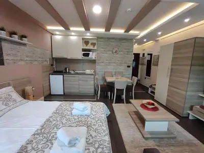 a large room with a bed and a kitchen and a table at Apartman Tiva - Milmari Resort-garažno mesto-GRATIS in Kopaonik