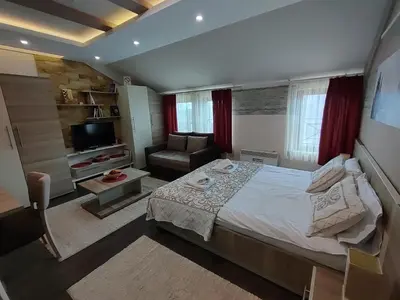 a bedroom with a bed and a couch and a television at Apartman Tiva - Milmari Resort-garažno mesto-GRATIS in Kopaonik