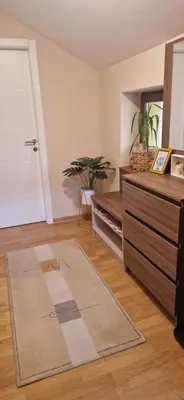 a living room with a door and a rug at Apartman La Campanella 1 in Vrnjačka Banja