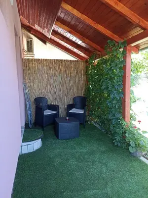 a patio with chairs and a green plant at MonteCasa in Vrnjačka Banja