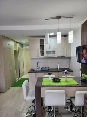 a kitchen and living room with a table and a tv at Kopaonik in Kopaonik