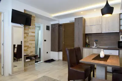 a kitchen and living room with a table and a dining room at Apartman Leki in Kopaonik