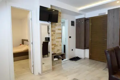 a room with a bed and a television on a wall at Apartman Leki in Kopaonik