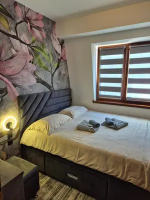 a bedroom with a bed with two shoes on it at Promenada Grujić in Vrnjačka Banja