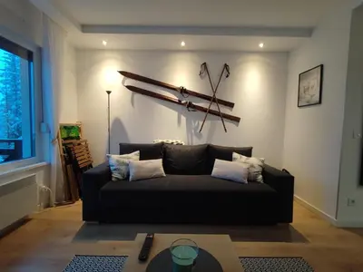 a living room with a black couch in a room at Apartman Dve Skije, Apartmani Šišarka in Kopaonik