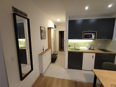 a kitchen with black cabinets and a sink and a mirror at Apartman Dve Skije, Apartmani Šišarka in Kopaonik