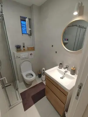 a bathroom with a toilet and a sink and a mirror at Apartman Dve Skije, Apartmani Šišarka in Kopaonik