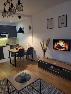 a living room with a table and a fireplace at Apartman Dve Skije, Apartmani Šišarka in Kopaonik