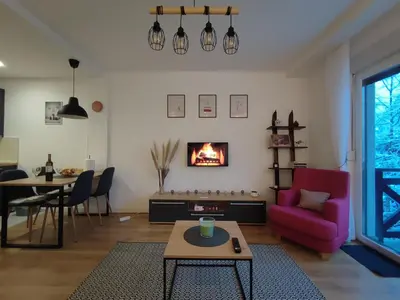 a living room with a couch and a fire place at Apartman Dve Skije, Apartmani Šišarka in Kopaonik