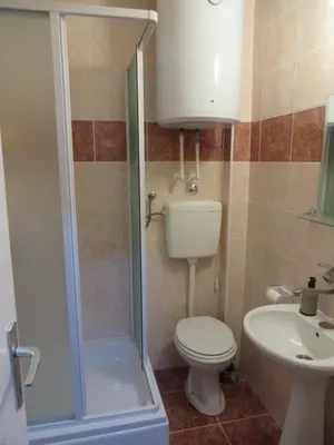 a bathroom with a shower and a toilet and a sink at Studio Centar Park in Soko Banja