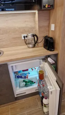a small refrigerator with its door open in a kitchen at Xenia Apartment in Kopaonik