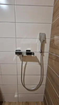 a shower in a bathroom with a hose on a wall at Xenia Apartment in Kopaonik