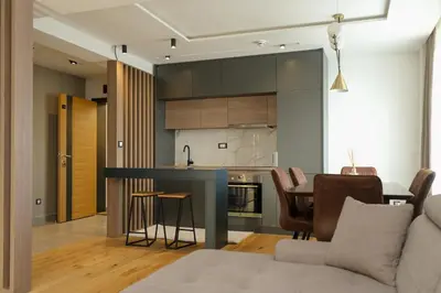 a living room and kitchen with a table and a couch at Vila Golija in Kopaonik
