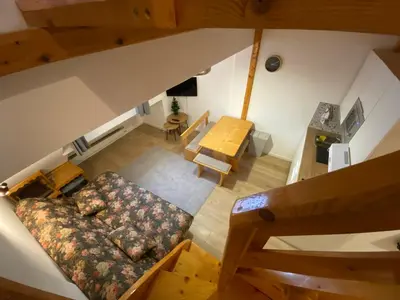 an overhead view of a living room with a couch and a table at Bele Staze Apartman 86 in Brzeće
