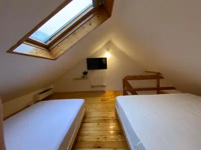 a attic bedroom with two beds and a skylight at Bele Staze Apartman 86 in Brzeće