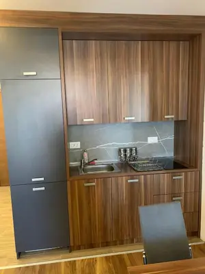 a kitchen with a sink and wooden cabinets at President Kop S2 in Kopaonik