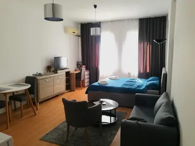a small living room with a bed and a couch at City Center Studio in Niš