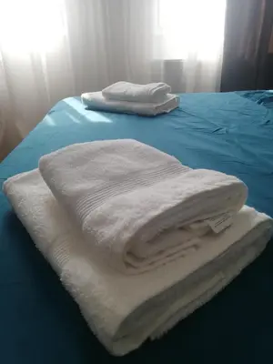 two white towels sitting on top of a bed at City Center Studio in Niš