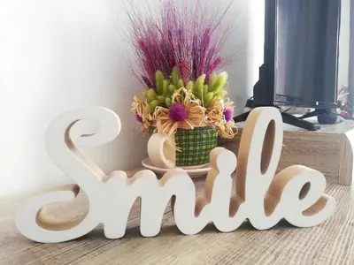 a wooden sign that says smile next to a plant at City Center Studio in Niš