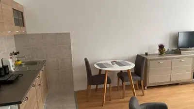 a kitchen with a table and chairs in a kitchen at City Center Studio in Niš