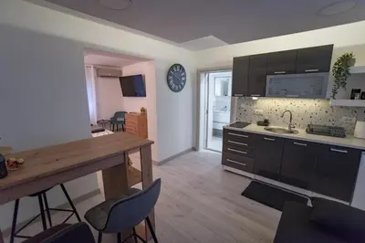 a kitchen with a counter and a table and chairs at Tanis Apartments in Niš