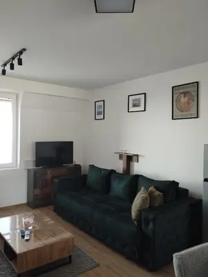 a living room with a green couch and a coffee table at Apartman Iznad Oblaka in Kopaonik
