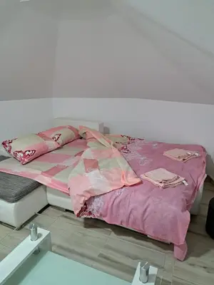 a bed in a room with pink sheets and pillows at Relja in Soko Banja