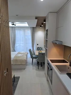 a kitchen and a bedroom with a bed and a table at Lux apartmani Dunja Kopaonik Čardaci - GREEN in Kopaonik