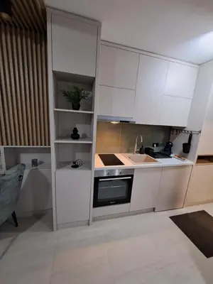 a kitchen with white cabinets and a sink at Lux apartmani Dunja Kopaonik Čardaci - GREEN in Kopaonik
