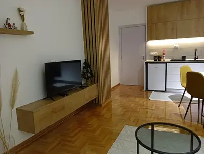 a living room with a television and a kitchen at Welcome Apartments in Niš