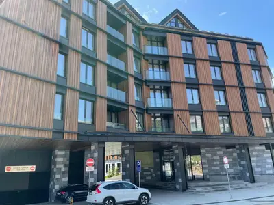 a building with cars parked in front of it at Woodside 430 Apartment in Kopaonik