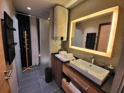 a bathroom with a sink and a mirror at Woodside 430 Apartment in Kopaonik